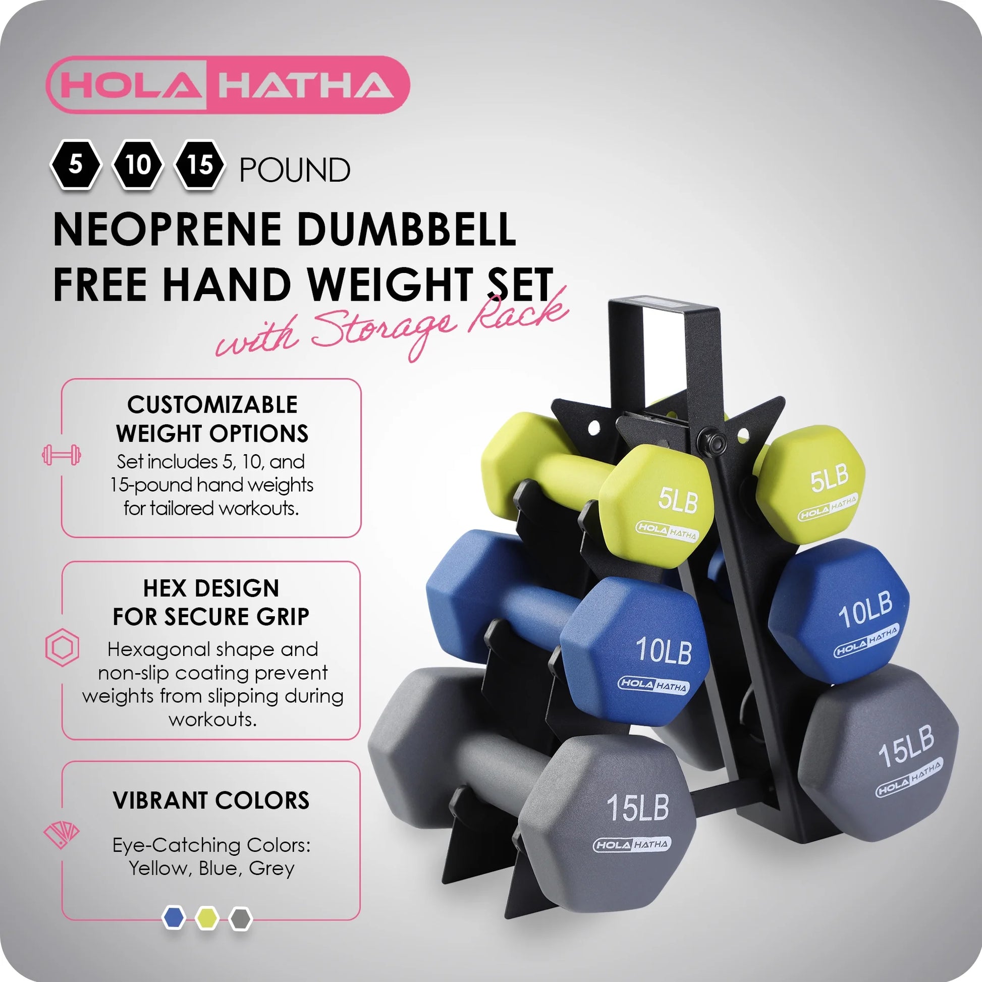 Neoprene Hex Dumbbell Set with Rack - 5 10 15 Lb Weights - 6 Piece Set