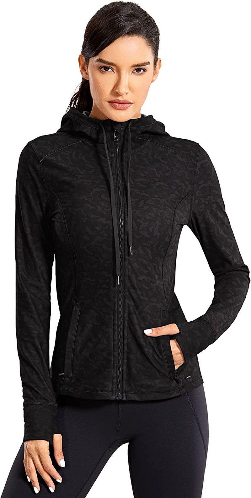 Women's Brushed Full Zip Hoodie Jacket for Sports and Exercise with Zippered Pockets